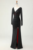 Black Red Sheath Ruched Long Sleeves Bridesmaid Dress with Slit
