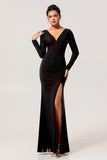 Black Red Mermaid V-Neck Long Sleeves Tulle Plus Size Bridesmaid Dress with Slit