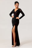 Black Red Mermaid V-Neck Long Sleeves Tulle Plus Size Bridesmaid Dress with Slit