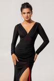 Black Red Mermaid V-Neck Long Sleeves Tulle Plus Size Bridesmaid Dress with Slit