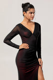 Black Red Mermaid V-Neck Long Sleeves Tulle Plus Size Bridesmaid Dress with Slit