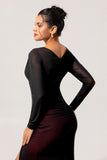 Black Red Mermaid V-Neck Long Sleeves Tulle Plus Size Bridesmaid Dress with Slit