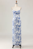 White Blue Flower Sheath Spaghetti Straps Printed Long Wedding Guest Dress