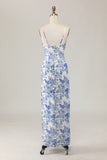 White Blue Flower Sheath Spaghetti Straps Printed Long Wedding Guest Dress