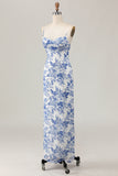 White Blue Flower Sheath Spaghetti Straps Printed Long Wedding Guest Dress