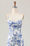 White Blue Flower Sheath Spaghetti Straps Printed Long Wedding Guest Dress