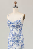 White Blue Flower Sheath Spaghetti Straps Printed Long Wedding Guest Dress
