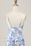White Blue Flower Sheath Spaghetti Straps Printed Long Wedding Guest Dress