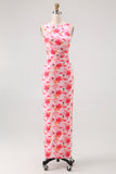 Simple Pink Flower Sheath Boat Neck Wedding Guest Dress