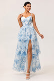 White and Blue A-Line Tiered Layers Corset Print Floral Long Bridesmaid Dress with Slit