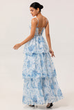 White and Blue A-Line Tiered Layers Corset Print Floral Long Bridesmaid Dress with Slit