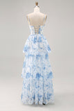 White and Blue A-Line Tiered Layers Corset Print Floral Long Bridesmaid Dress with Slit
