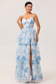 White and Blue A-Line Tiered Layers Corset Print Floral Long Bridesmaid Dress with Slit