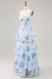 White and Blue A-Line Tiered Layers Corset Print Floral Long Bridesmaid Dress with Slit