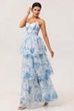 White and Blue A-Line Tiered Layers Corset Print Floral Long Bridesmaid Dress with Slit