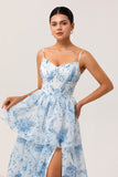 White and Blue A-Line Tiered Layers Corset Print Floral Long Bridesmaid Dress with Slit