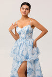 White and Blue A-Line Tiered Layers Corset Print Floral Long Bridesmaid Dress with Slit