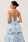 White and Blue A-Line Tiered Layers Corset Print Floral Long Bridesmaid Dress with Slit