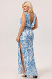 Blue & White Floral Fitted Cowl Neck Backless Maxi Plus Size Dress with Slit