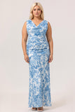 Blue & White Floral Fitted Cowl Neck Backless Maxi Plus Size Dress with Slit