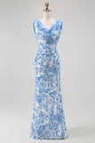 Blue Flower Sheath Cowl Neck Printed Long Bridesmaid Dress with Slit