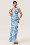 Blue & White Floral Fitted Cowl Neck Backless Maxi Dress with Slit