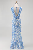 Blue Flower Sheath Cowl Neck Printed Long Bridesmaid Dress with Slit