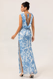 Blue Flower Sheath Cowl Neck Printed Long Bridesmaid Dress with Slit
