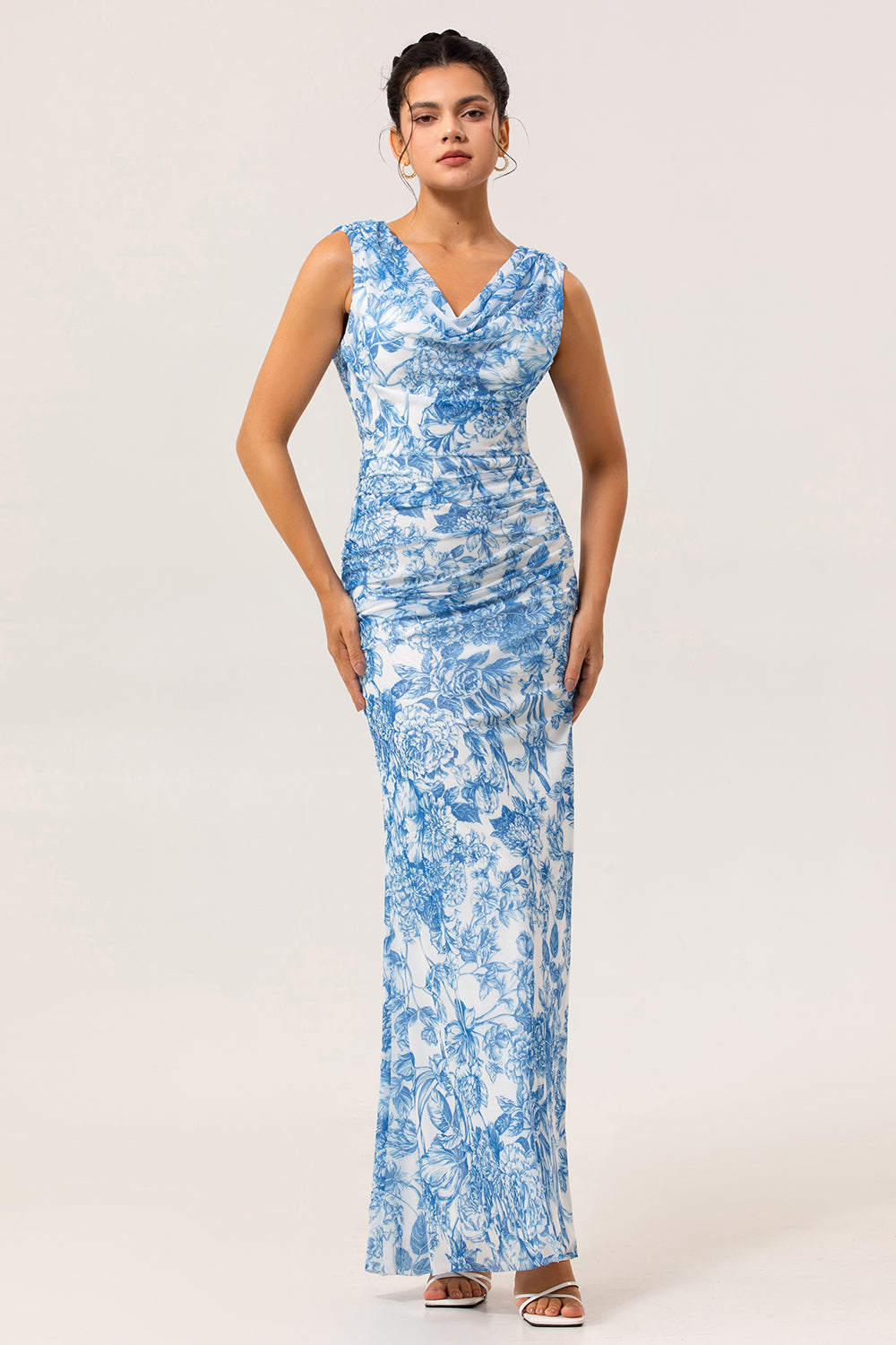 WEDTREND Women Plus Size Blue White Floral Print Bridesmaid Dress Fitted Cowl Neck Chiffon Backless Maxi Wedding Guest Dress with Slit WEDTREND Women Plus Size Blue White Floral Print Bridesmaid Dress Fitted Cowl Neck Chiffon Backless Maxi Wedding Guest Dress with Slit