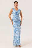 Blue Flower Sheath Cowl Neck Printed Long Bridesmaid Dress with Slit