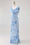 Blue Flower Sheath Cowl Neck Printed Long Bridesmaid Dress with Slit