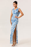 Blue & White Floral Fitted Cowl Neck Backless Maxi Dress with Slit