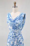 Blue Flower Sheath Cowl Neck Printed Long Bridesmaid Dress with Slit