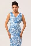 Blue & White Floral Fitted Cowl Neck Backless Maxi Dress with Slit