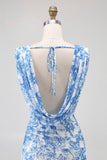 Blue Flower Sheath Cowl Neck Printed Long Bridesmaid Dress with Slit