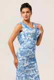 Blue & White Floral Fitted Cowl Neck Backless Maxi Dress with Slit
