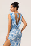Blue & White Floral Fitted Cowl Neck Backless Maxi Dress with Slit