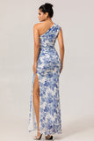 Blue White Floral Sheath One-Shoulder Print Floral Long Bridesmaid Dress with Slit
