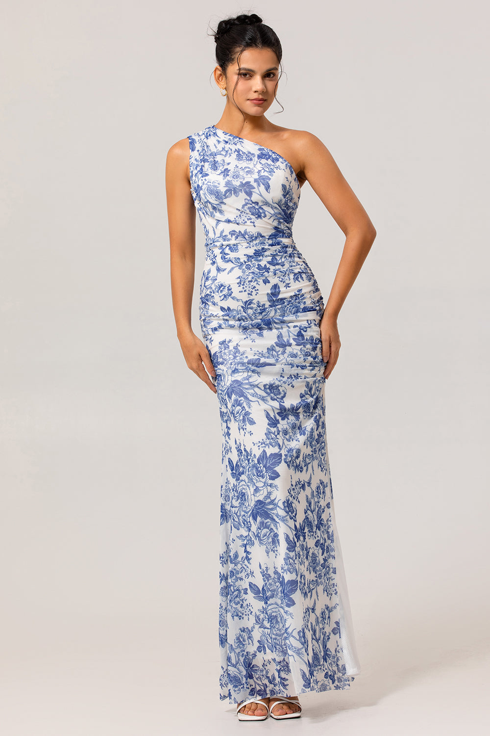 WEDTREND Women Print Floral Long Bridesmaid Dress with Slit Blue and White Floral Sheath One-Shoulder Wedding Guest Dress WEDTREND Women Print Floral Long Bridesmaid Dress with Slit Blue and White Floral Sheath One-Shoulder Wedding Guest Dress