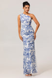 Blue White Floral Sheath One-Shoulder Print Floral Long Bridesmaid Dress with Slit