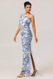 Blue White Floral Sheath One-Shoulder Print Floral Long Bridesmaid Dress with Slit