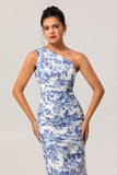 Blue White Floral Sheath One-Shoulder Print Floral Long Bridesmaid Dress with Slit