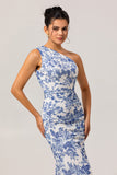Blue White Floral Sheath One-Shoulder Print Floral Long Bridesmaid Dress with Slit