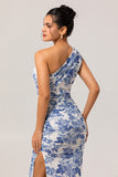 Blue White Floral Sheath One-Shoulder Print Floral Long Bridesmaid Dress with Slit