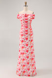 Pink Floral Mermaid Off The Shoulder Long Wedding Guest Dress
