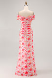 Pink Floral Mermaid Off The Shoulder Long Wedding Guest Dress