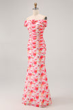 Pink Floral Mermaid Off The Shoulder Long Wedding Guest Dress