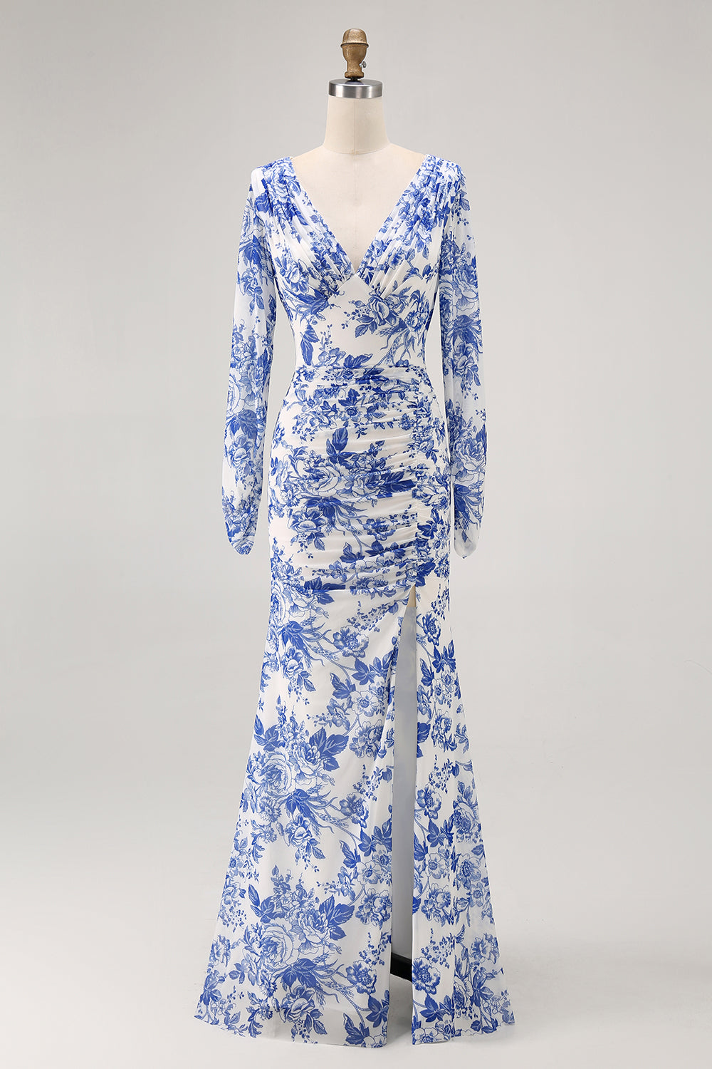 Wedtrend Women Blue Floral Wedding Guest Dress V-Neck Mermaid Long Sleeves Bridesmaid Dress with Slit WEDTREND Wedtrend Women Blue Floral Wedding Guest Dress V-Neck Mermaid Long Sleeves Bridesmaid Dress with Slit WEDTREND