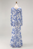 Blue Flower Mermaid V-Neck Long Sleeves Wedding Guest Dress with Slit