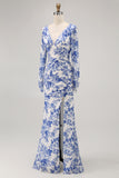Blue Flower Mermaid V-Neck Long Sleeves Wedding Guest Dress with Slit